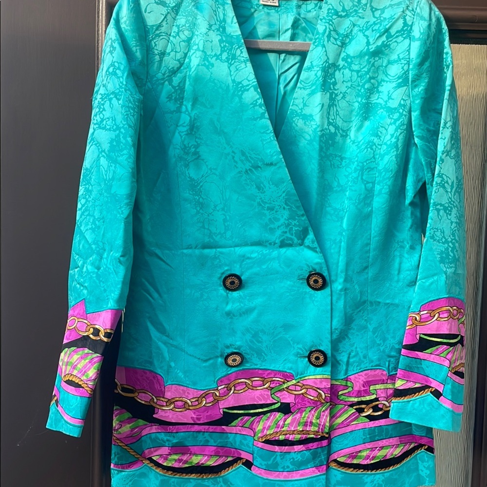 Vibrant Teal and Pink 100% silk Anne Crimmins Blazer